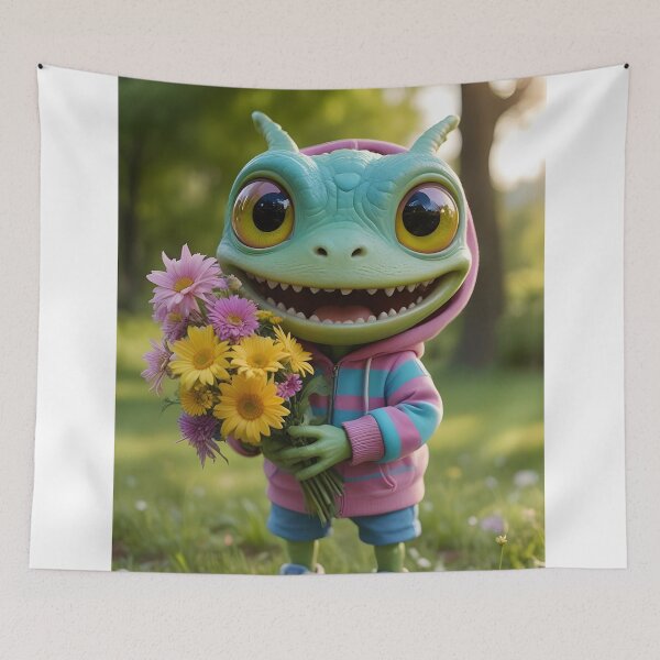 Item preview, Happy Monster's Day: Alien with Daisy Bouquet designed and sold by ACuriousshoppe.