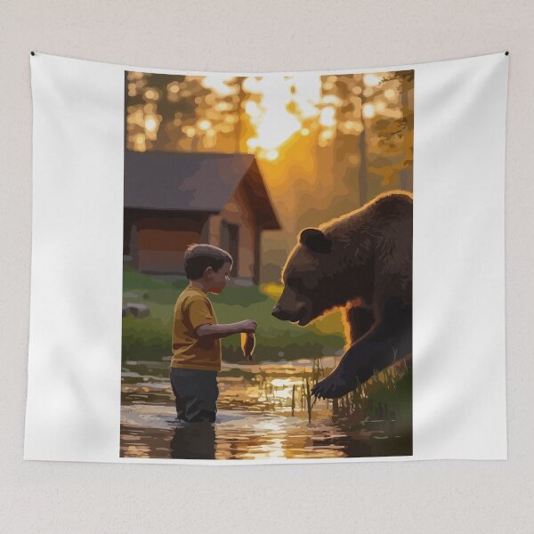 Item preview, A giant brown bear admires the boy's work. designed and sold by Whose-sweat.