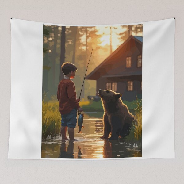 Item preview,  A giant brown bear admires the boy's work. designed and sold by Whose-sweat.