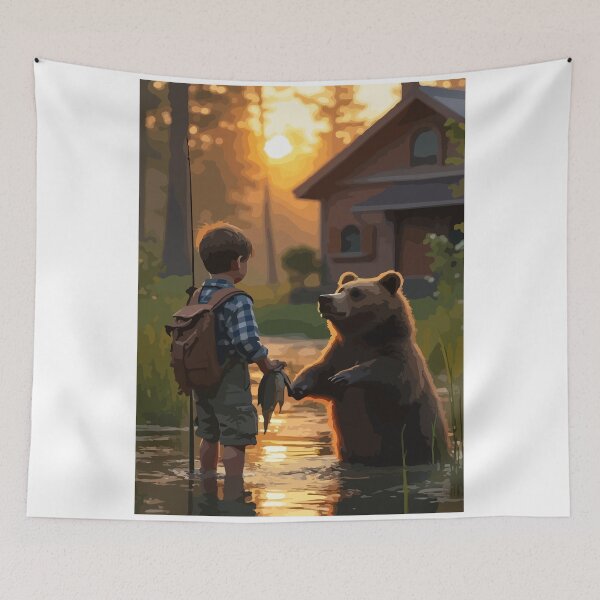 Item preview, A giant brown bear admires the boy's work. designed and sold by Whose-sweat.
