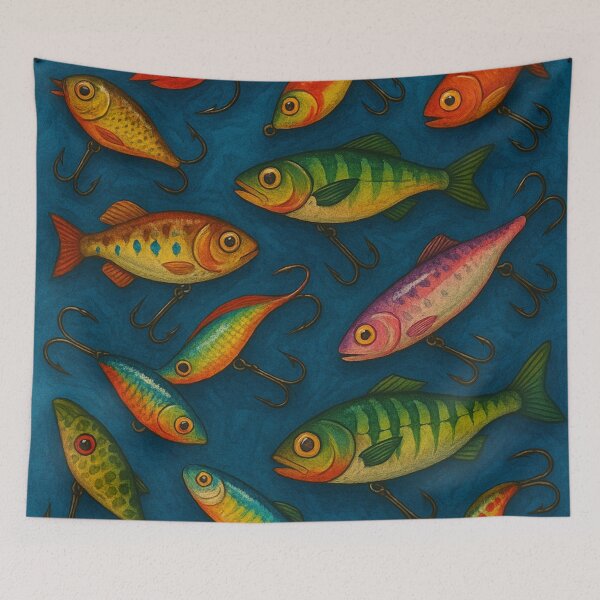 Item preview, Colorful fishing lures on blue designed and sold by Sigtrix.