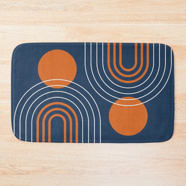 Aperçu de l'œuvre Géométrique moderne du milieu du siècle 111 en bleu marine et orange vintage (abstraction arc-en-ciel et soleil) créée et vendue par nineFlorals - Art for soft souls.