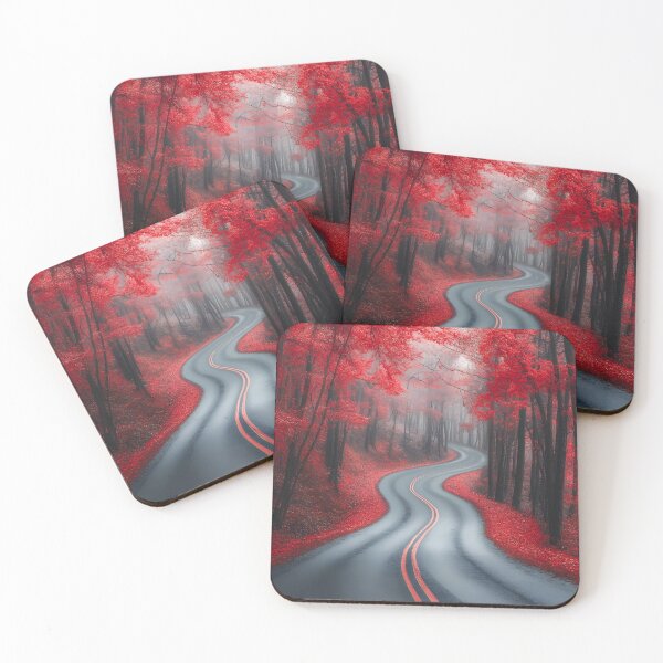 Item preview, Winding road through forest with vibrant red foliage designed and sold by Artessie.