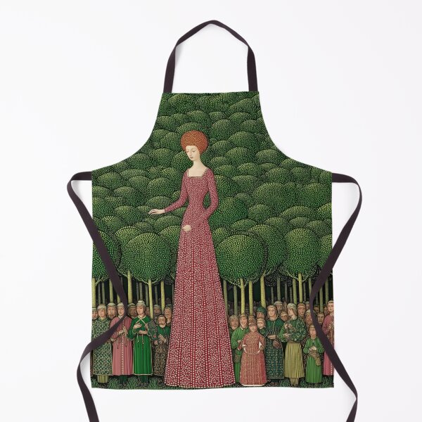 Item preview, Giant Medieval Woman in Enchanted Forest – Surreal Folk Art Scene with Tiny Villagers designed and sold by Retrocranio.