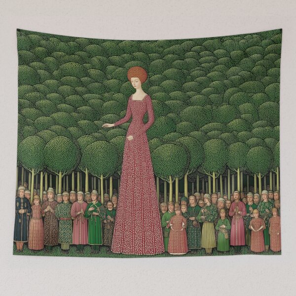Item preview, Giant Medieval Woman in Enchanted Forest – Surreal Folk Art Scene with Tiny Villagers designed and sold by Retrocranio.
