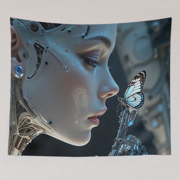 Item preview, Cybernetic Beauty Encounters Butterfly in Futuristic Harmony Poster designed and sold by BorgSpareParts.