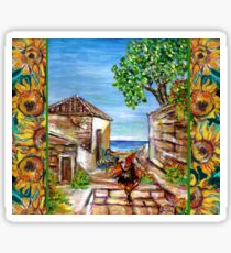 BLACK ROOSTER AND SUNFLOWERS Rustic Village In Maremma Tuscany Sticker