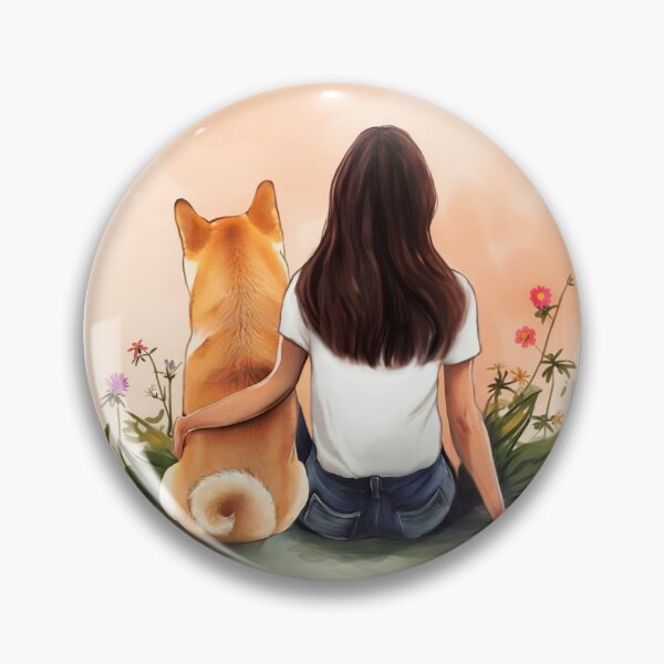 Item preview, Brown hair Girl with her Shiba Inu dog sitting among wildflowers watercolor illustration designed and sold by EmeraldeaArt.