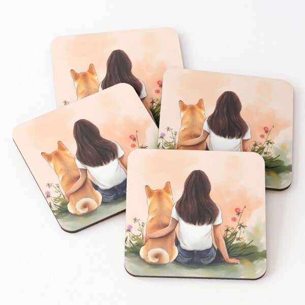 Item preview, Brown hair Girl with her Shiba Inu dog sitting among wildflowers watercolor illustration designed and sold by EmeraldeaArt.