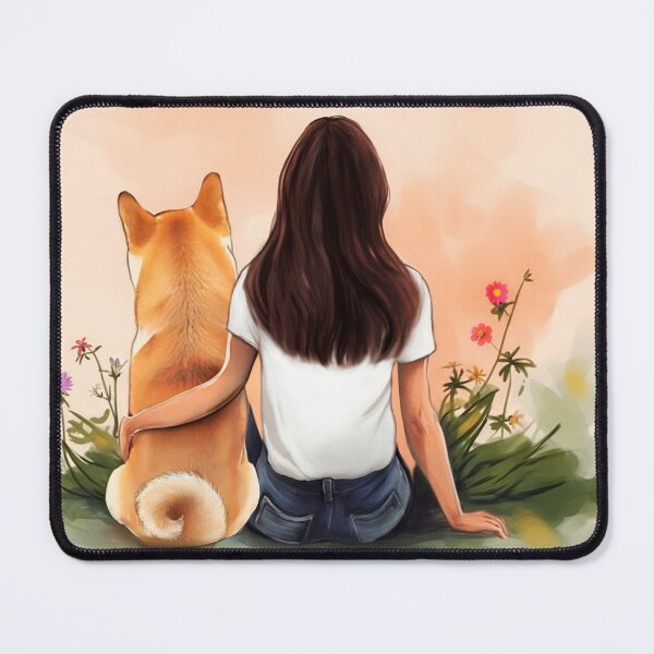 Item preview, Brown hair Girl with her Shiba Inu dog sitting among wildflowers watercolor illustration designed and sold by EmeraldeaArt.