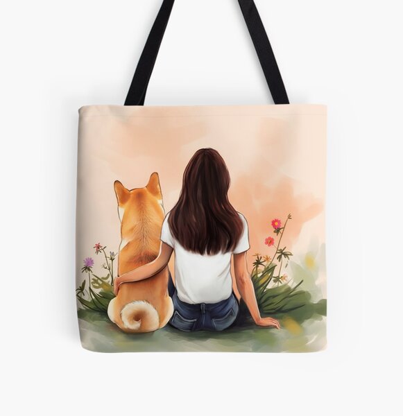 Item preview, Brown hair Girl with her Shiba Inu dog sitting among wildflowers watercolor illustration designed and sold by EmeraldeaArt.