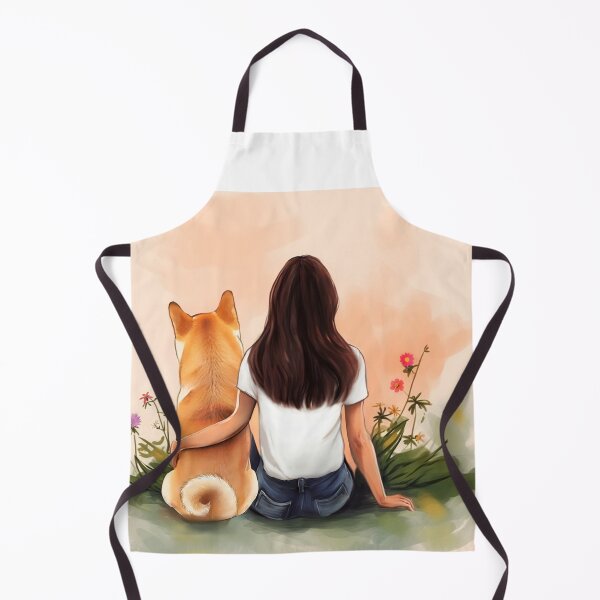 Item preview, Brown hair Girl with her Shiba Inu dog sitting among wildflowers watercolor illustration designed and sold by EmeraldeaArt.