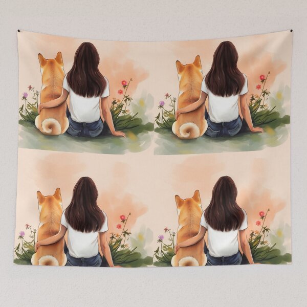 Item preview, Brown hair Girl with her Shiba Inu dog sitting among wildflowers watercolor illustration designed and sold by EmeraldeaArt.