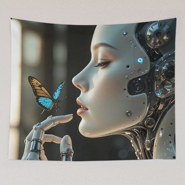 Item preview, Cybernetic Beauty Encounters Butterfly in Futuristic Harmony Poster designed and sold by BorgSpareParts.