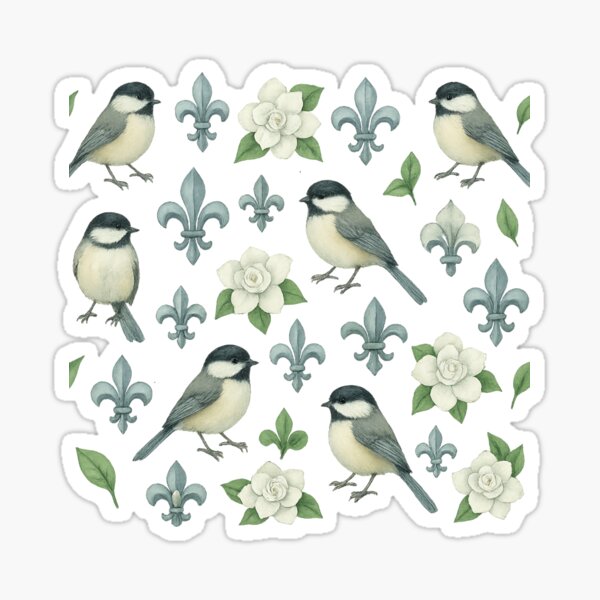Item preview, Chickadee & Fleur-de-Lis Seamless Pattern with Gardenias designed and sold by Lone Fleur Goods.