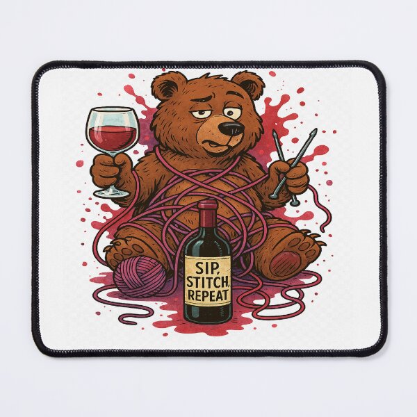 Item preview, Drunk Knitting Bear - Sip, Stitch, Repeat Chaos designed and sold by POD DYNASTY | Original Print On Demand T-Shirt Graphics.