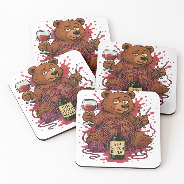 Item preview, Drunk Knitting Bear - Sip, Stitch, Repeat Chaos designed and sold by POD DYNASTY | Original Print On Demand T-Shirt Graphics.