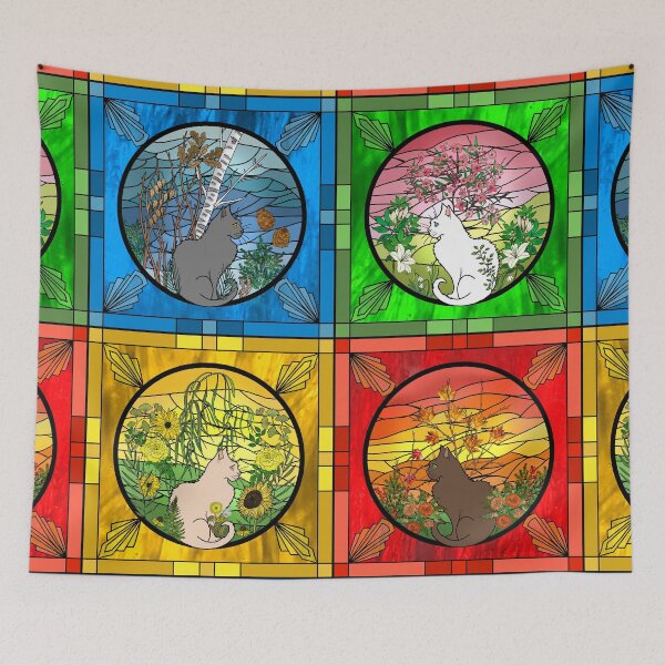 Item preview, The Four Seasons of Cats Art Deco Stained Glass designed and sold by IrishVikingDesigns.