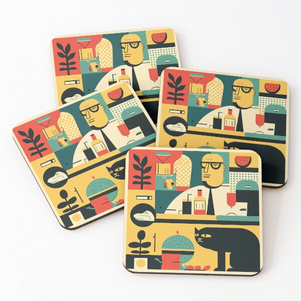 Item preview, Abstract Bartender and Cat Art – Bold Retro Kitchen Scene in Pop Style designed and sold by Retrocranio.