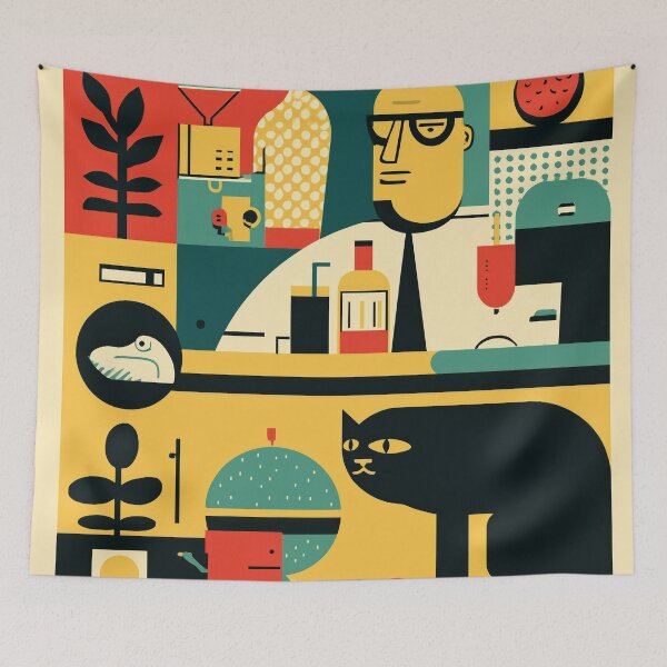 Item preview, Abstract Bartender and Cat Art – Bold Retro Kitchen Scene in Pop Style designed and sold by Retrocranio.