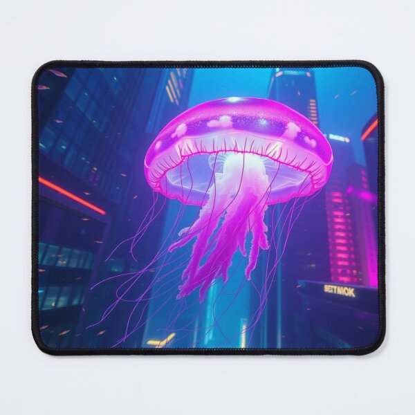 Item preview, A bioluminescent jellyfish floats through a neon-lit underwater city, gently pulsing in the light designed and sold by FotoworldEdel.