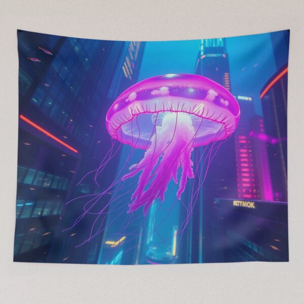 Item preview, A bioluminescent jellyfish floats through a neon-lit underwater city, gently pulsing in the light designed and sold by FotoworldEdel.