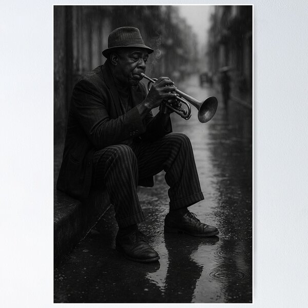 Item preview, Jazz Musician in the Rain – Emotional Black and White Street Photography designed and sold by Tree-Sale.