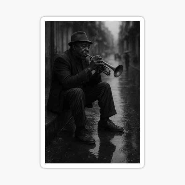 Item preview, Jazz Musician in the Rain – Emotional Black and White Street Photography designed and sold by Tree-Sale.