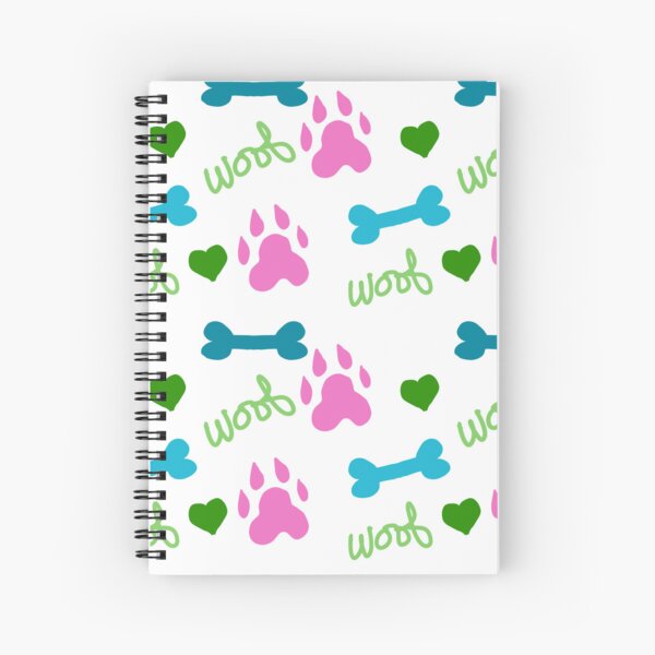 Dog Paw Bone Woof Pattern PInk Blue Green Spiral Notebook