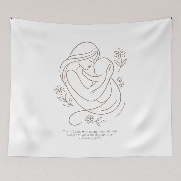 Item preview, Minimalist Mom Quote Art - Proverbs 31:25 Warm Brown Christian Line Drawing designed and sold by MiniindY Pop.