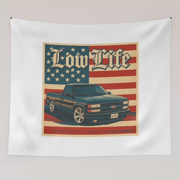 Item preview, Low Life Chevy 1500 Slammed Truck with Retro American Flag Vibes designed and sold by TheArtOfCar.