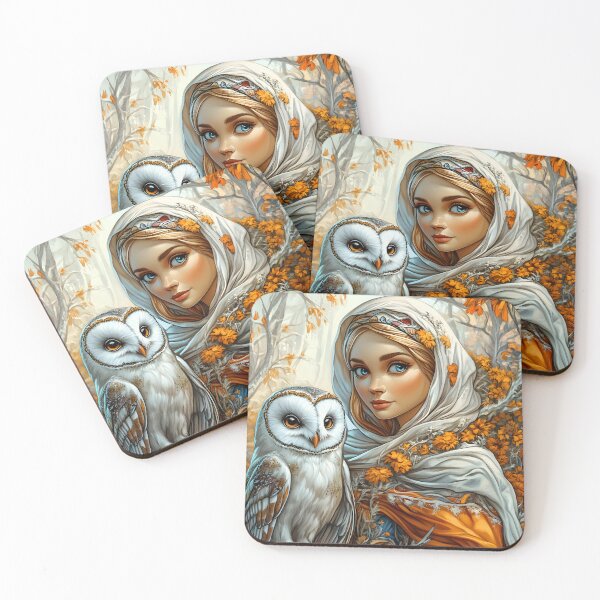 Item preview, Woman with owl in enchanted autumn forest setting designed and sold by Artessie.