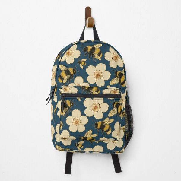 Item preview, Retro Japanese sakura and bumblebee blue pattern designed and sold by HandmadeMood.