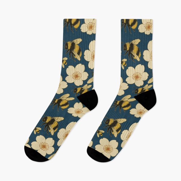 Item preview, Retro Japanese sakura and bumblebee blue pattern designed and sold by HandmadeMood.