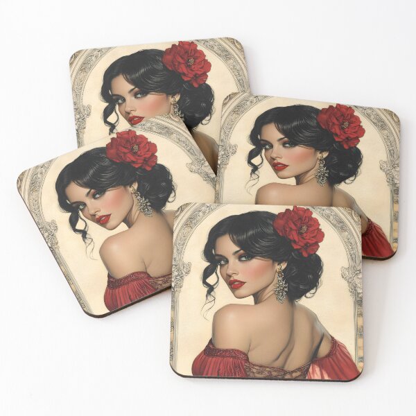 Item preview, Elegant woman in red dress with ornate background. designed and sold by Artessie.