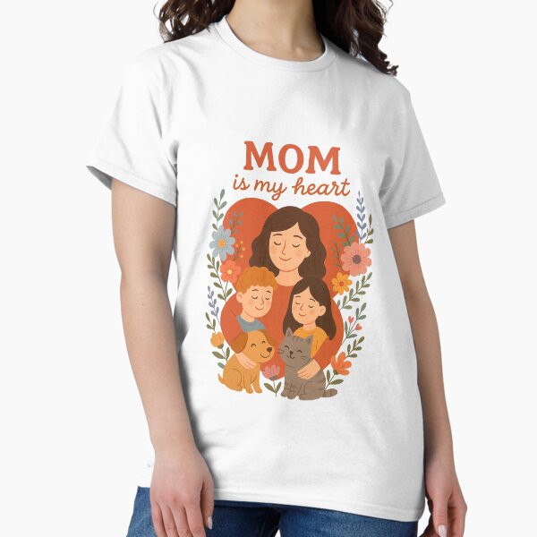 Vista previa del artículo con la obra «Mamá es mi corazón Ilustración familiar con mascotas», diseñado y vendido por Drevorezkin.