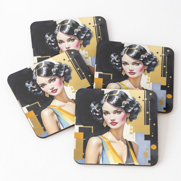 Item preview, Woman portrait in blue, black and gold dreamy and romantic Art Deco designed and sold by IHImage.
