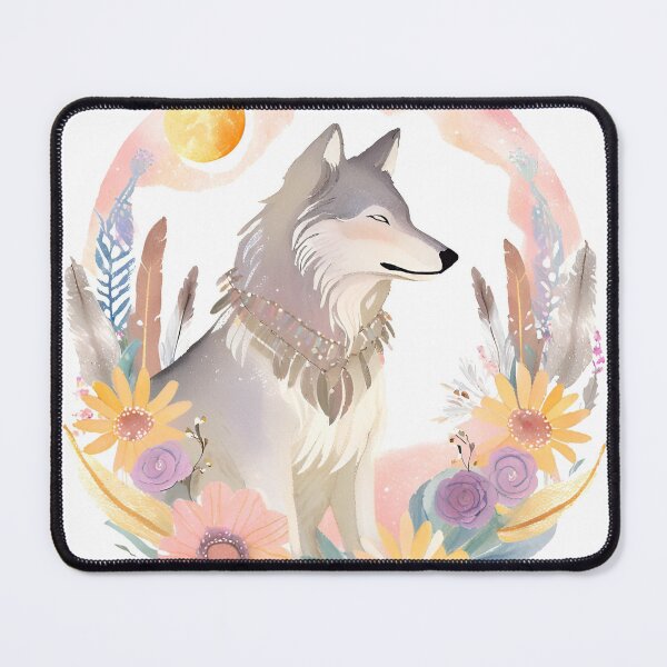Item preview, Mystical Wolf with Flowers and Feathers – Boho Spirit Animal Illustration designed and sold by Gioia-JJ.