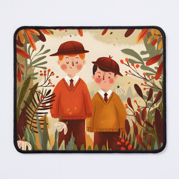 Item preview, Autumn Stroll – Two Boys in School Uniform Cartoon Illustration designed and sold by EmeraldeaArt.
