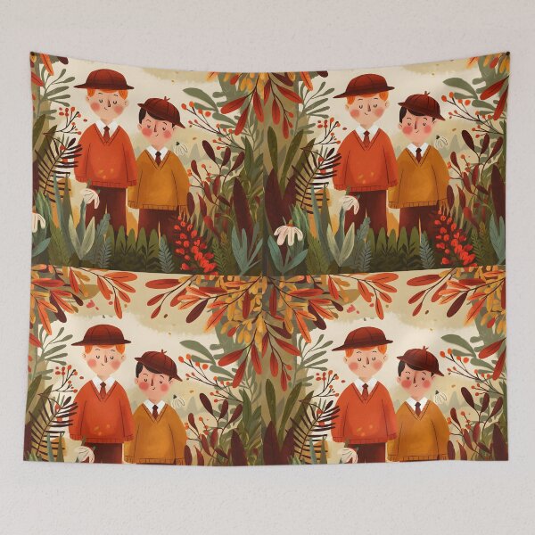 Item preview, Autumn Stroll – Two Boys in School Uniform Cartoon Illustration designed and sold by EmeraldeaArt.
