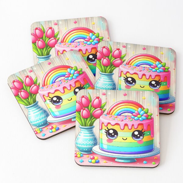 Item preview, Kawaii Rainbow Cake with Tulips – Cute Spring Cartoon Illustration designed and sold by EmeraldeaArt.