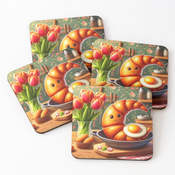Item preview, Cute Kawaii Breakfast – Croissant crescent Kifli, Eggs & Tulips Illustration designed and sold by EmeraldeaArt.