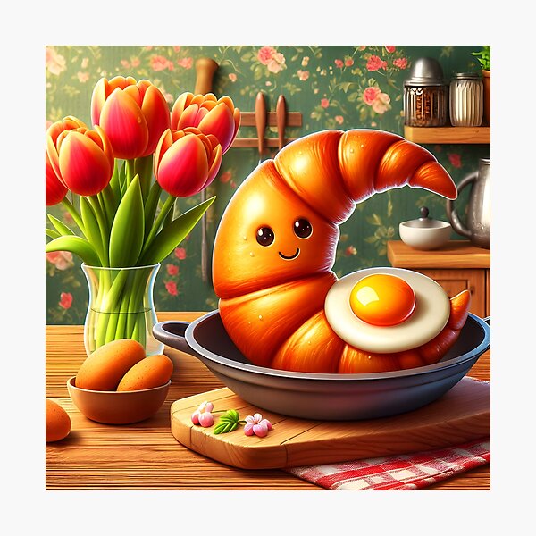 Item preview, Cute Kawaii Breakfast – Croissant crescent Kifli, Eggs & Tulips Illustration designed and sold by EmeraldeaArt.