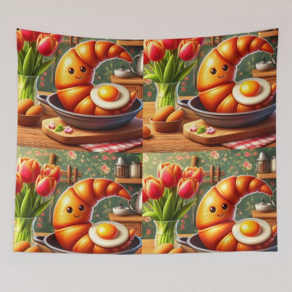 Item preview, Cute Kawaii Breakfast – Croissant crescent Kifli, Eggs & Tulips Illustration designed and sold by EmeraldeaArt.