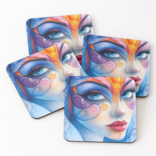 Item preview, Vivid portrait of a fantasy character in blues and reds designed and sold by Artessie.
