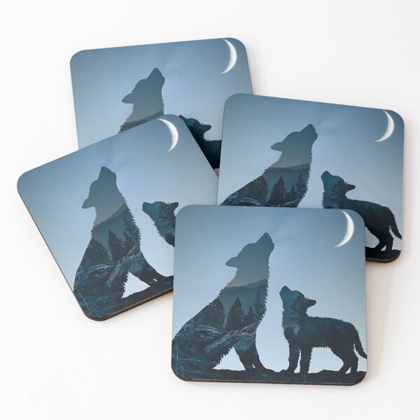 Item preview, Wolf Mother and Pup Double Exposure – Night Forest, Stars and Moon designed and sold by Dino-Lune.