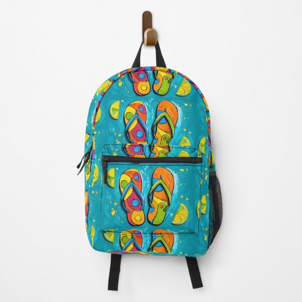 Item preview, Vibrant Colorful Flip-Flops with Abstract Designs Surrounded by Lime Wedges on Rich Blue Background designed and sold by OlfactoART Studio.