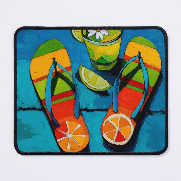 Item preview, Colorful Flip-Flops with Citrus Designs and Refreshing Drink Garnished with Lime Slice and Flower designed and sold by OlfactoART Studio.