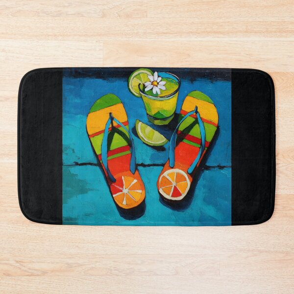 Item preview, Colorful Flip-Flops with Citrus Designs and Refreshing Drink Garnished with Lime Slice and Flower designed and sold by OlfactoART Studio.