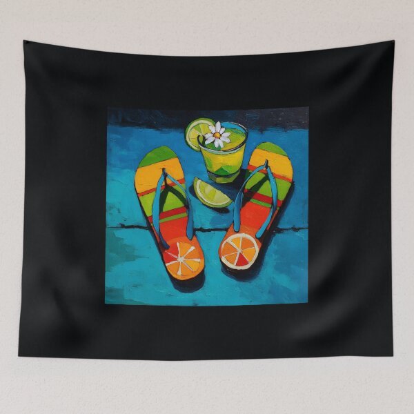 Item preview, Colorful Flip-Flops with Citrus Designs and Refreshing Drink Garnished with Lime Slice and Flower designed and sold by OlfactoART Studio.